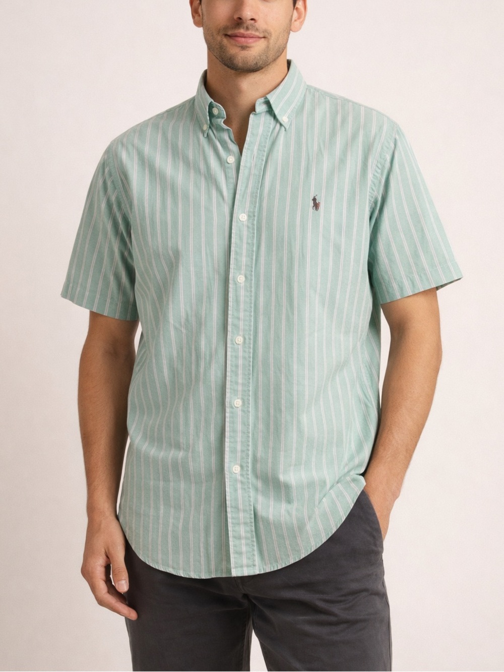Polo by Ralph Lauren Mint Green and White Stripe Button-Down T-Shirt